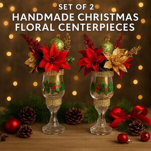 Set of 2 Handmade Christmas Floral Centerpieces – Red & Gold Holiday Décor